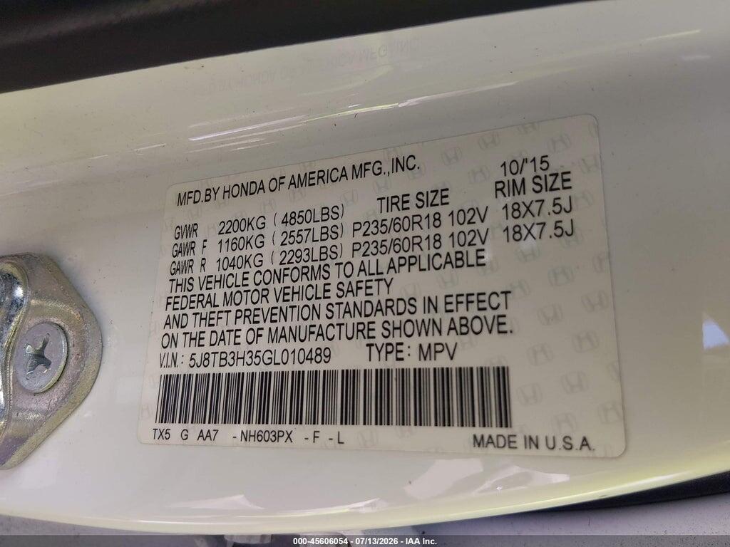5J8TB3H35GL010489 2016 ACURA RDX photo no. 9