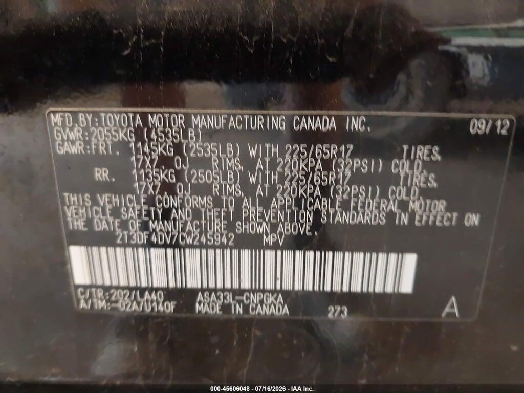 2T3DF4DV7CW245942 2012 TOYOTA RAV4 photo no. 9
