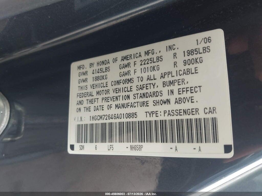 1HGCM72646A010885 2006 HONDA ACCORD photo no. 9