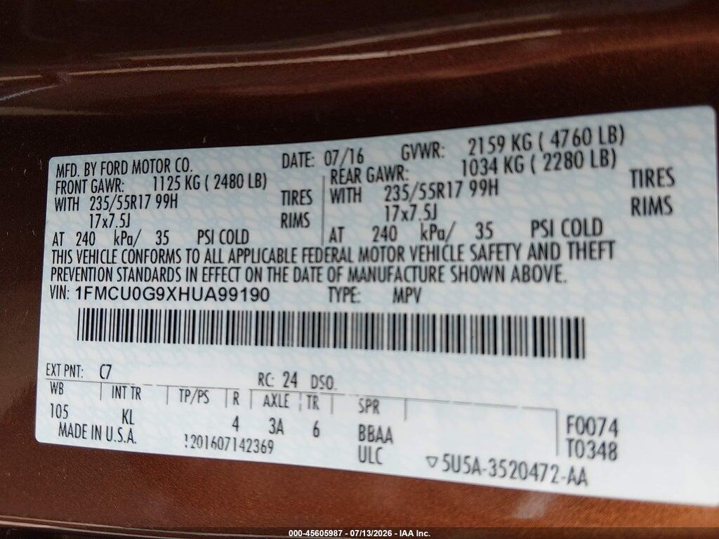 1FMCU0G9XHUA99190 2017 FORD ESCAPE photo no. 9