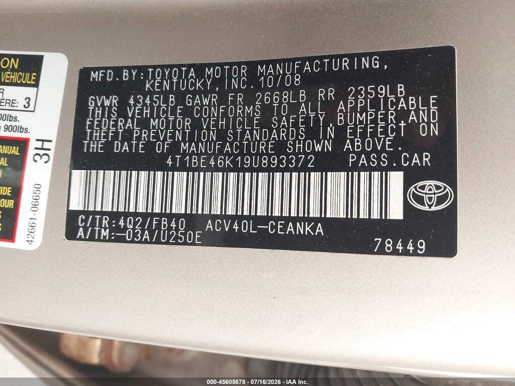 4T1BE46K19U893372 2009 TOYOTA CAMRY photo no. 9