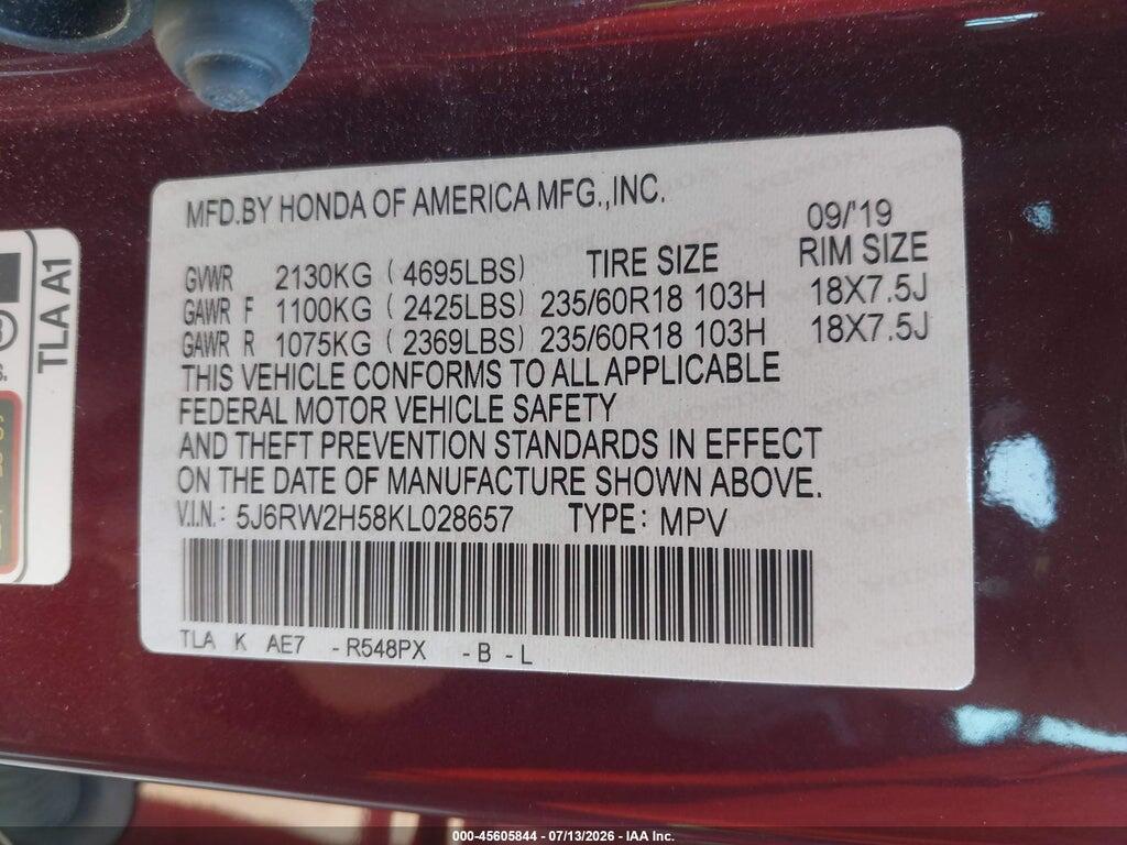 5J6RW2H58KL028657 2019 HONDA CR-V photo no. 9