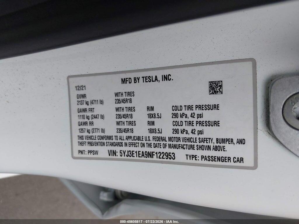 5YJ3E1EA9NF122953 2022 TESLA MODEL 3 photo no. 9