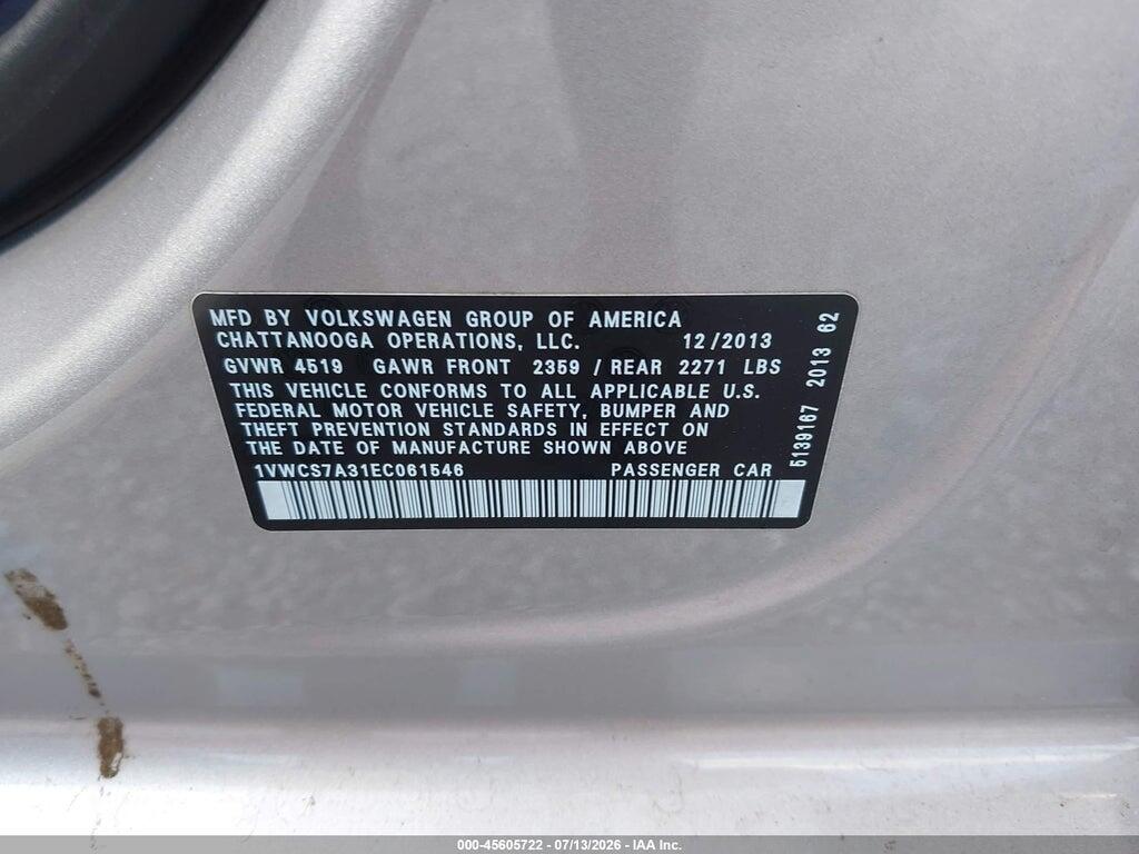1VWCS7A31EC061546 2014 VOLKSWAGEN PASSAT photo no. 9