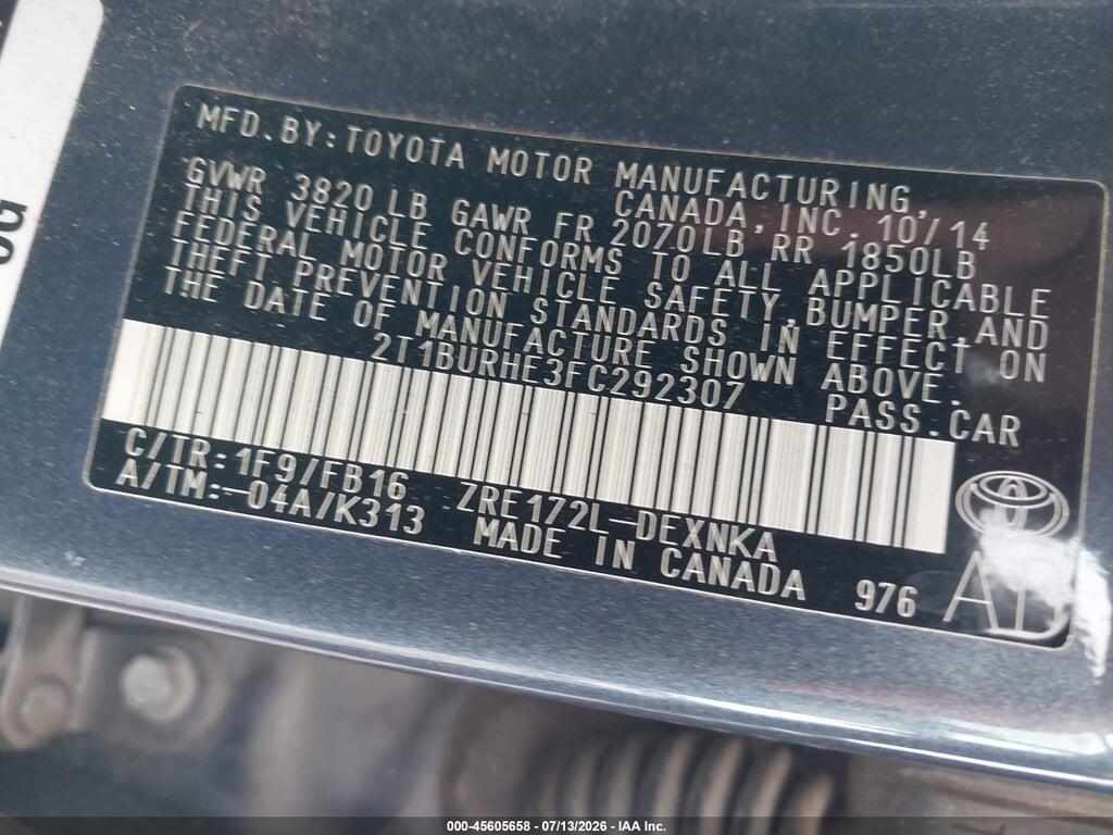 2T1BURHE3FC292307 2015 TOYOTA COROLLA photo no. 9