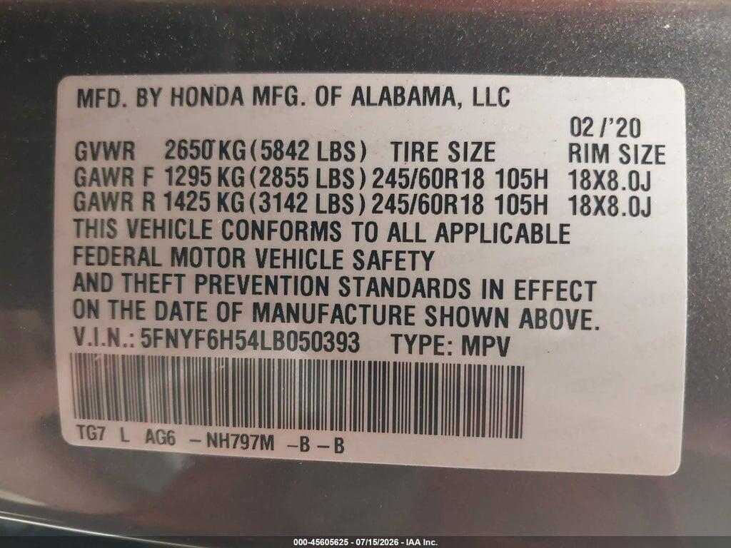 5FNYF6H54LB050393 2020 HONDA PILOT photo no. 9