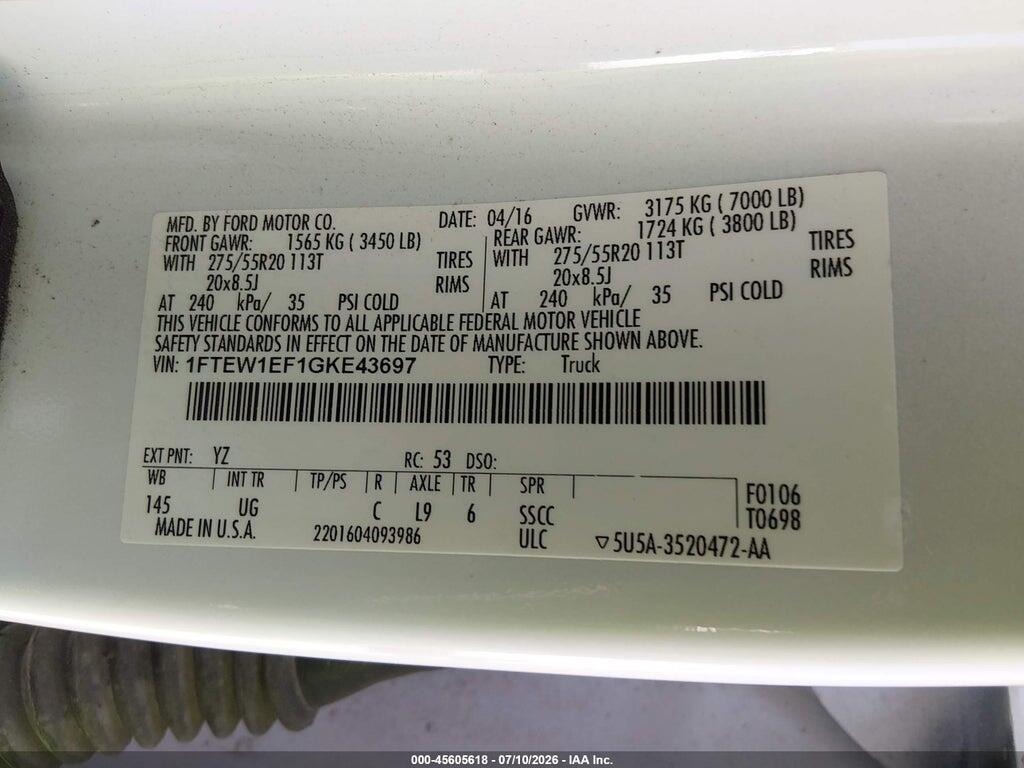 1FTEW1EF1GKE43697 2016 FORD F-150 photo no. 9