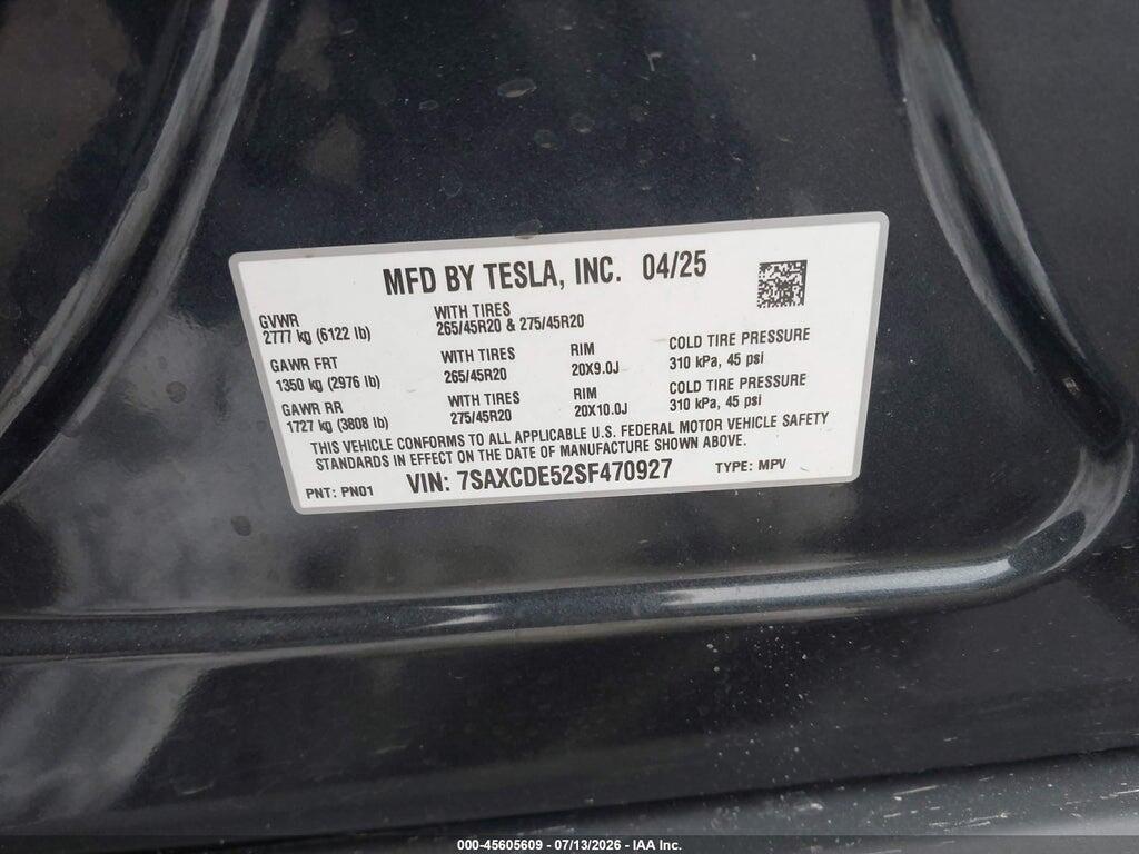 7SAXCDE52SF470927 2025 TESLA MODEL X photo no. 9