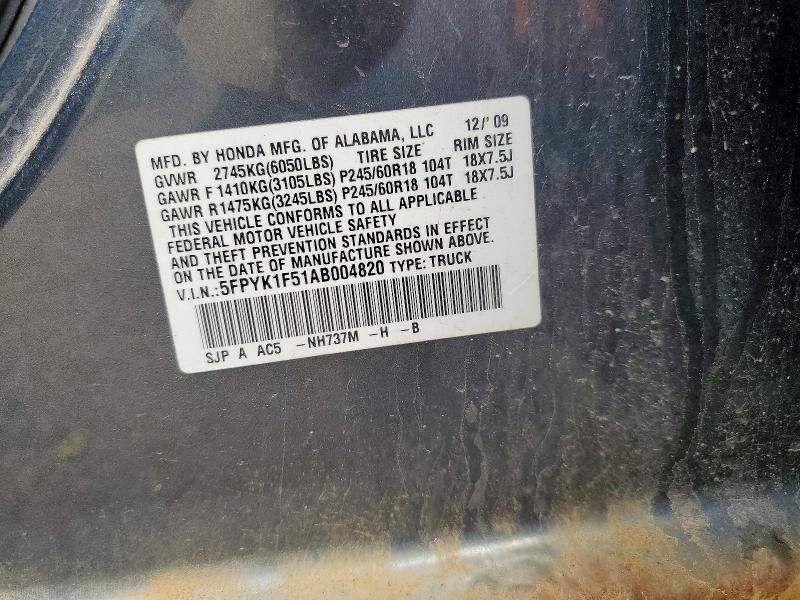 5FPYK1F51AB004820 2010 HONDA RIDGELINE photo no. 12