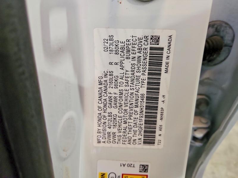 2HGFE1F93NH315466 2022 HONDA CIVIC photo no. 12