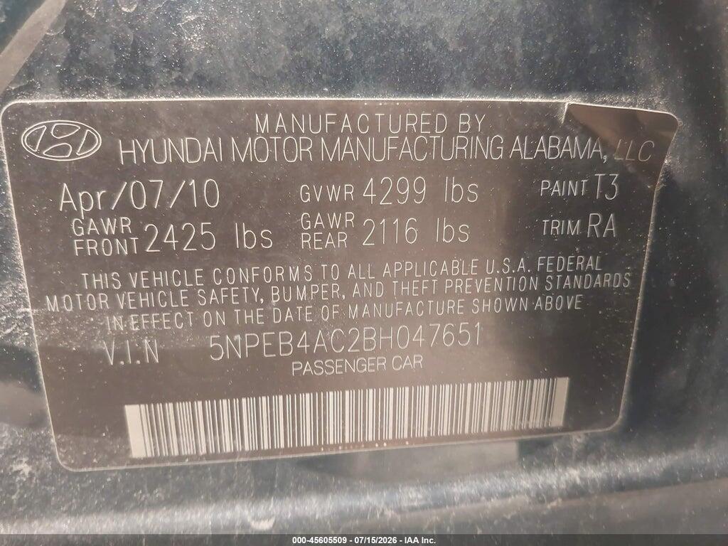 5NPEB4AC2BH047651 2011 HYUNDAI SONATA photo no. 9