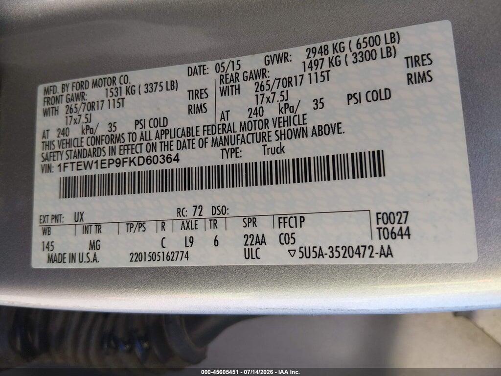 1FTEW1EP9FKD60364 2015 FORD F-150 photo no. 9