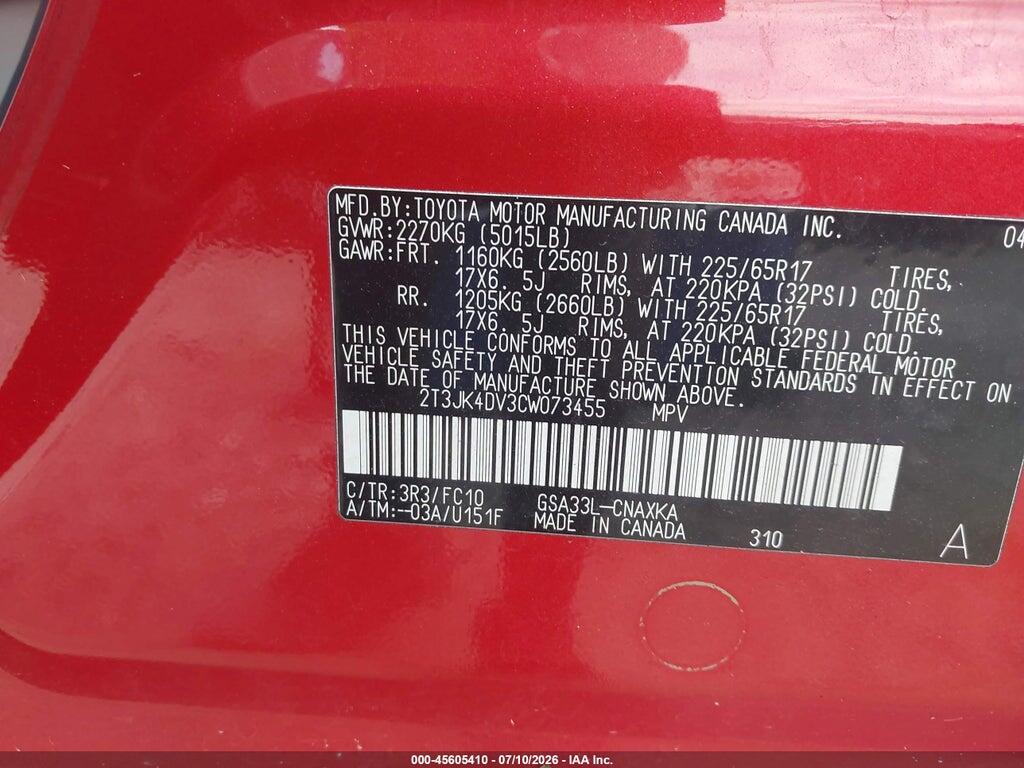 2T3JK4DV3CW073455 2012 TOYOTA RAV4 photo no. 9