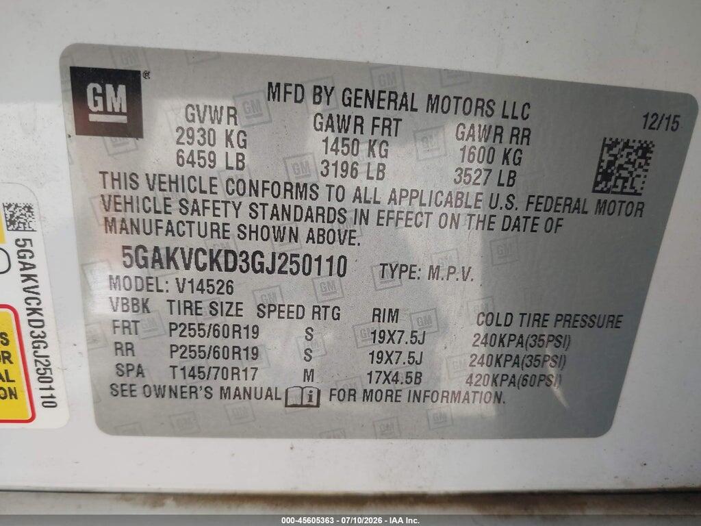 5GAKVCKD3GJ250110 2016 BUICK ENCLAVE photo no. 9