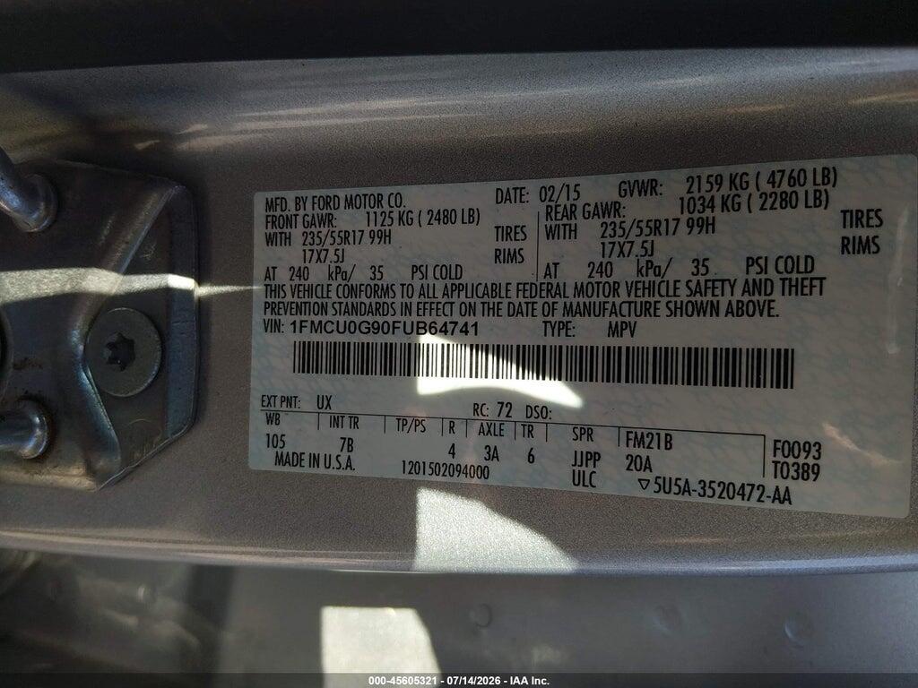 1FMCU0G90FUB64741 2015 FORD ESCAPE photo no. 9
