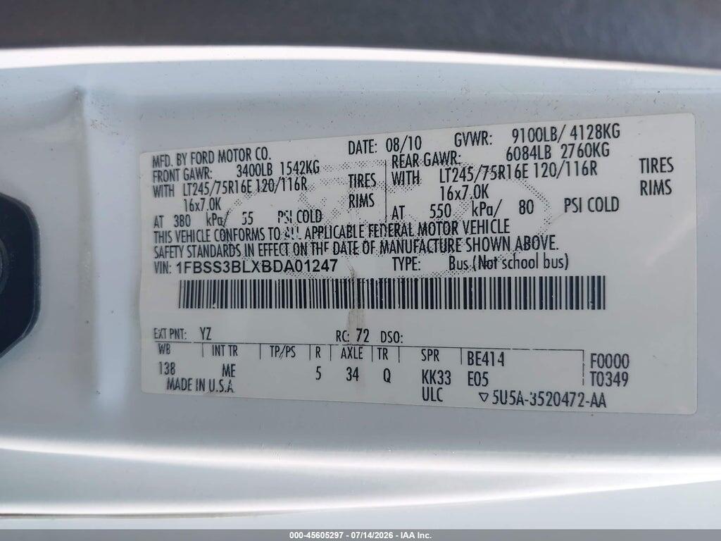 1FBSS3BLXBDA01247 2011 FORD E-350 SUPER DUTY photo no. 9