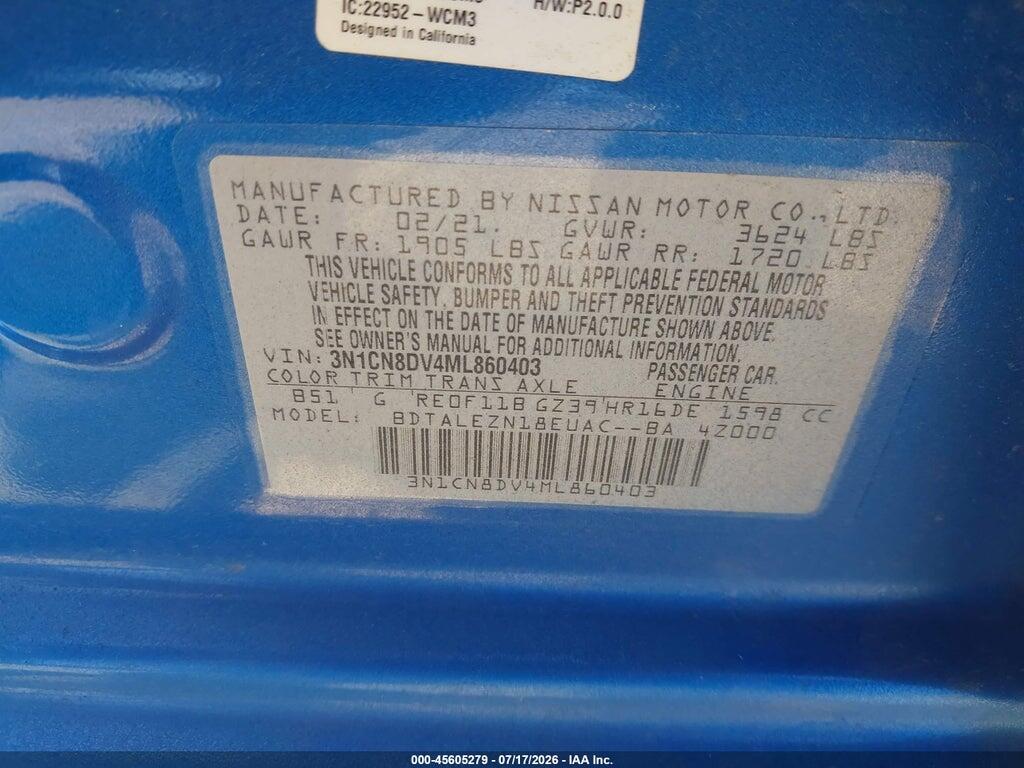 3N1CN8DV4ML860403 2021 NISSAN VERSA photo no. 9