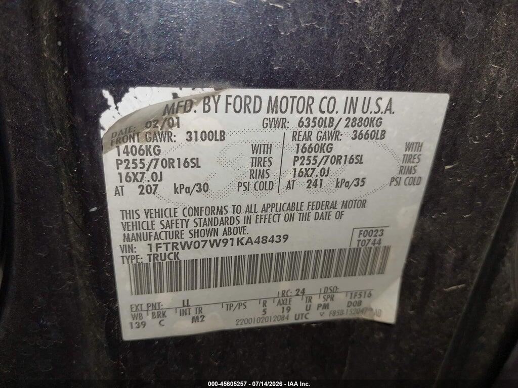 1FTRW07W91KA48439 2001 FORD F-150 photo no. 9
