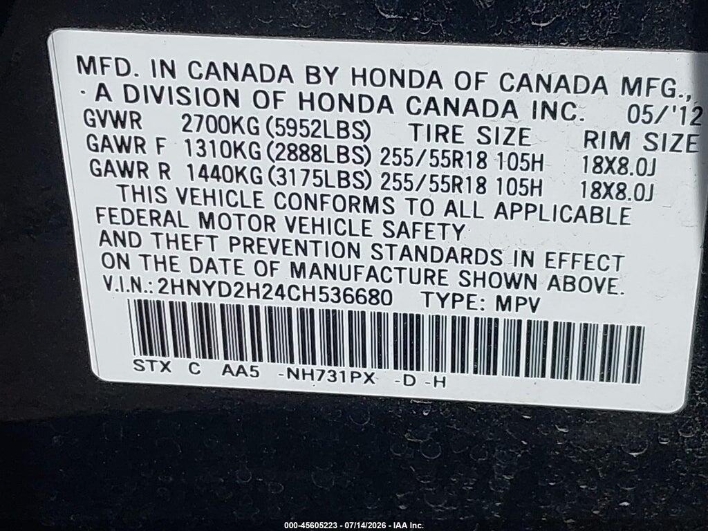 2HNYD2H24CH536680 2012 ACURA MDX photo no. 9