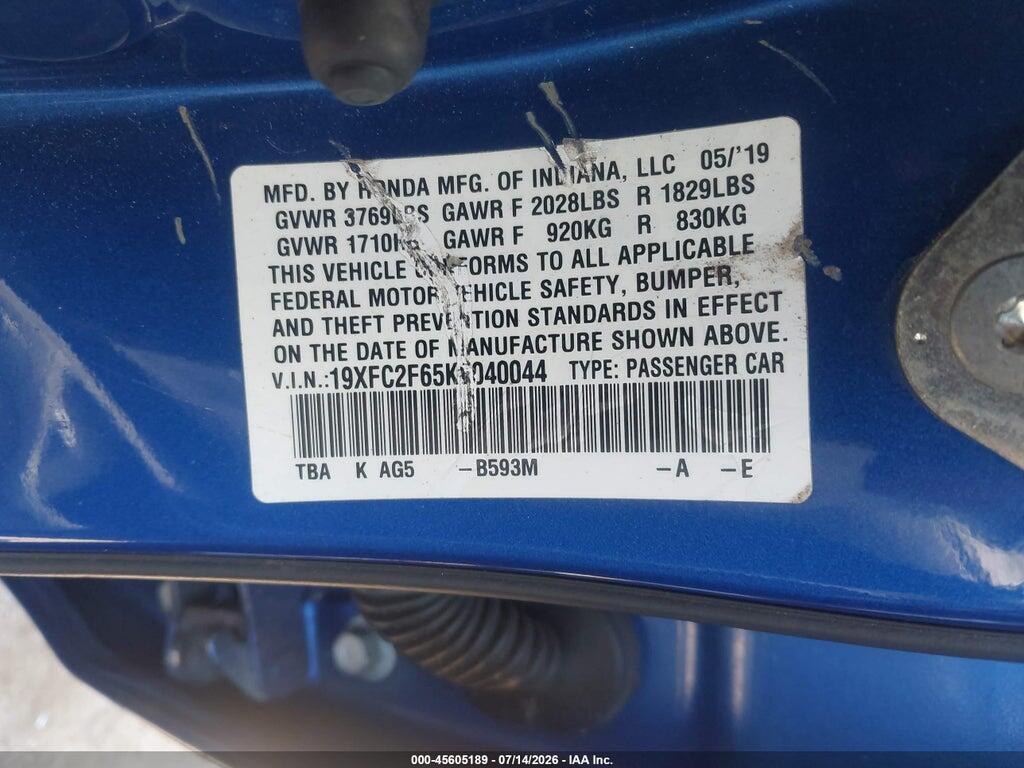 19XFC2F65KE040044 2019 HONDA CIVIC photo no. 9