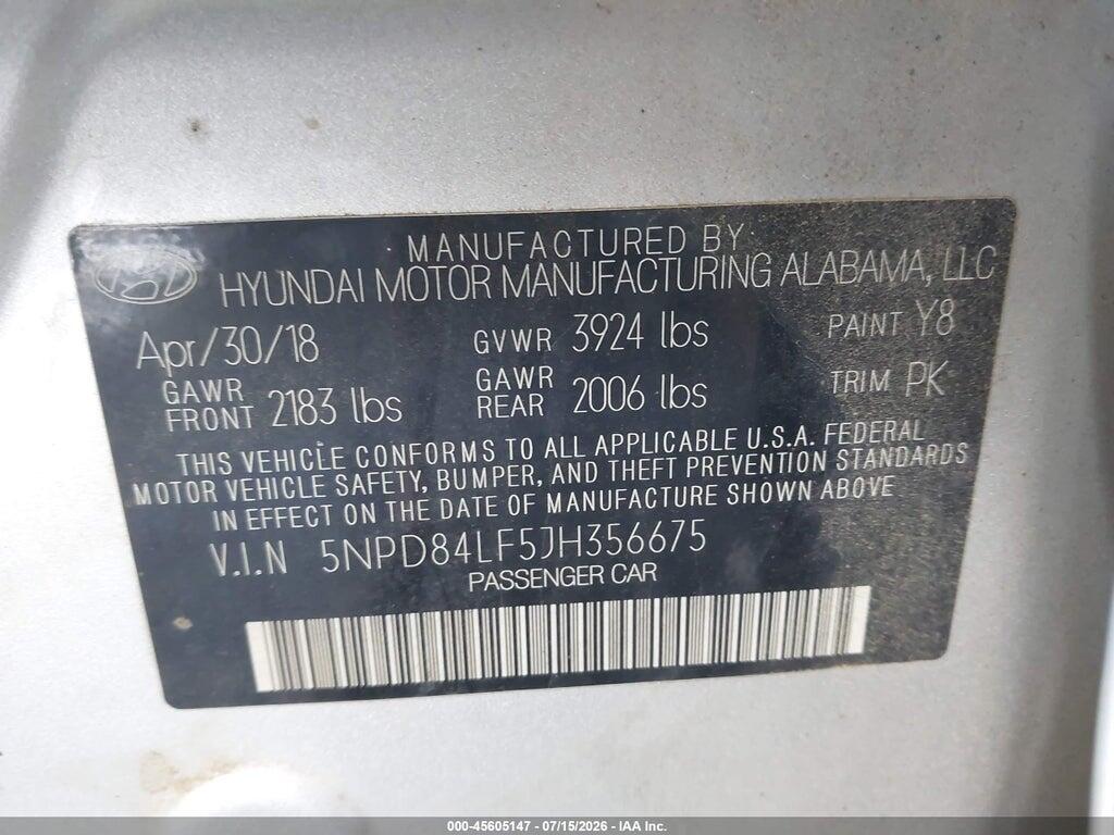 5NPD84LF5JH356675 2018 HYUNDAI ELANTRA photo no. 9