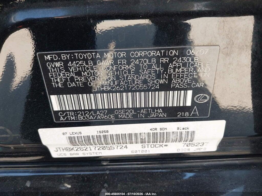 JTHBK262172055724 2007 LEXUS IS 250 photo no. 9