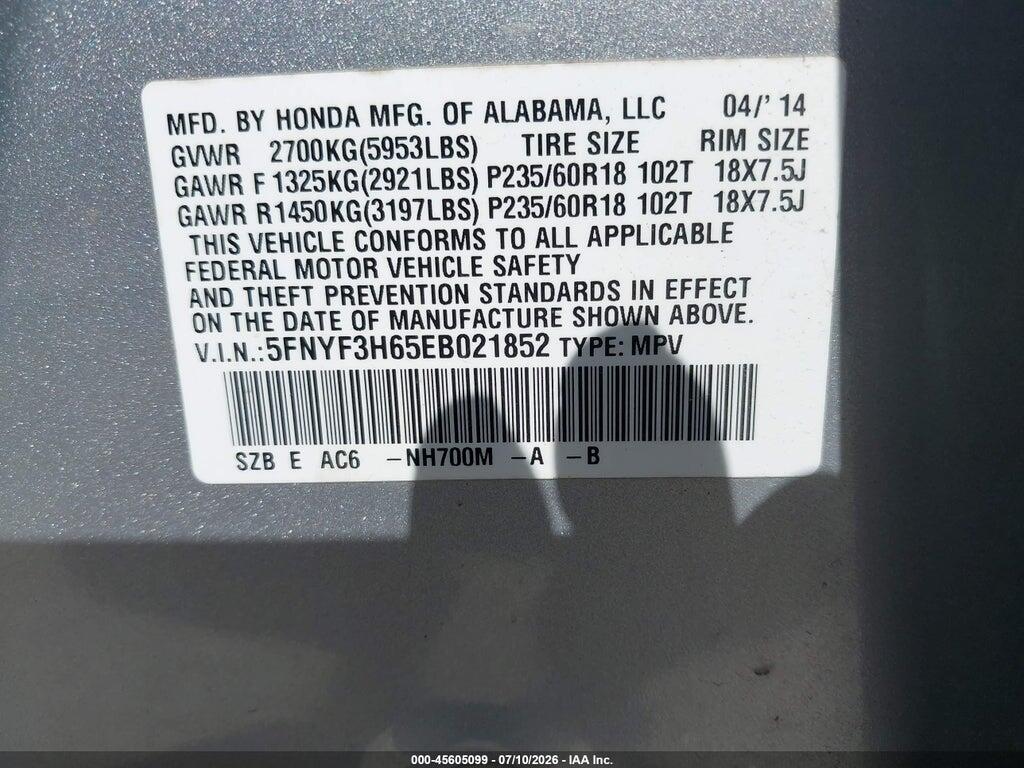5FNYF3H65EB021852 2014 HONDA PILOT photo no. 9