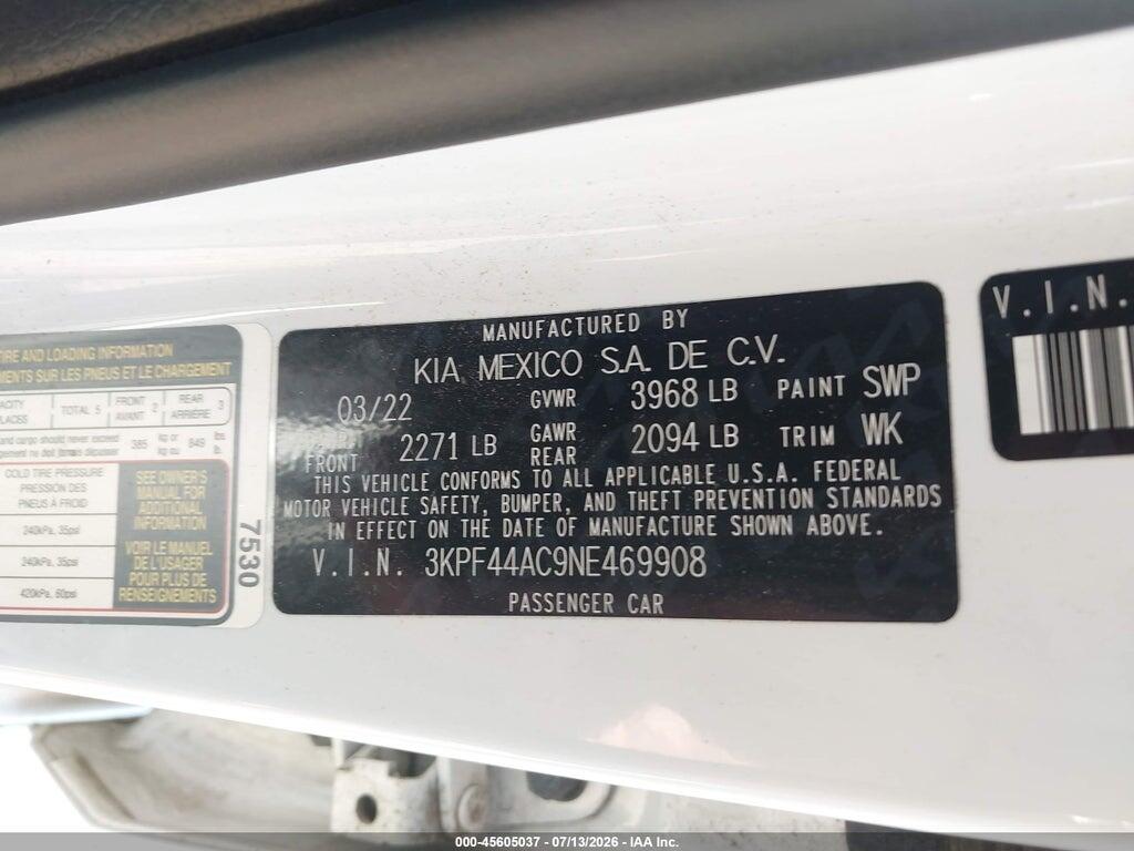 3KPF44AC9NE469908 2022 KIA FORTE photo no. 9