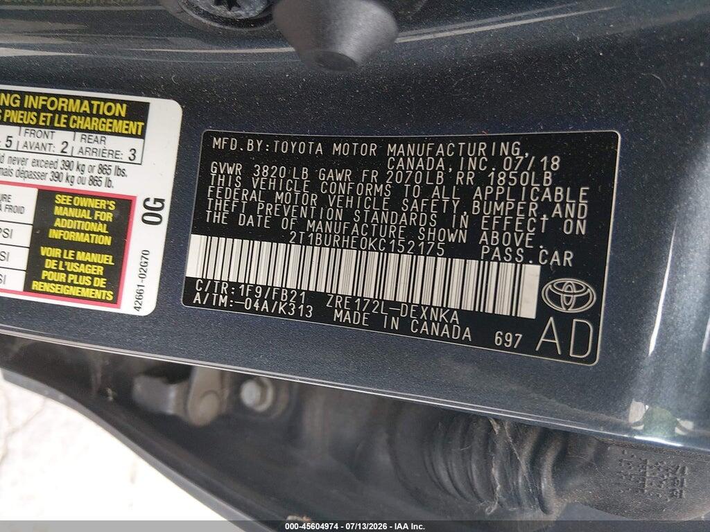 2T1BURHE0KC152175 2019 TOYOTA COROLLA photo no. 9