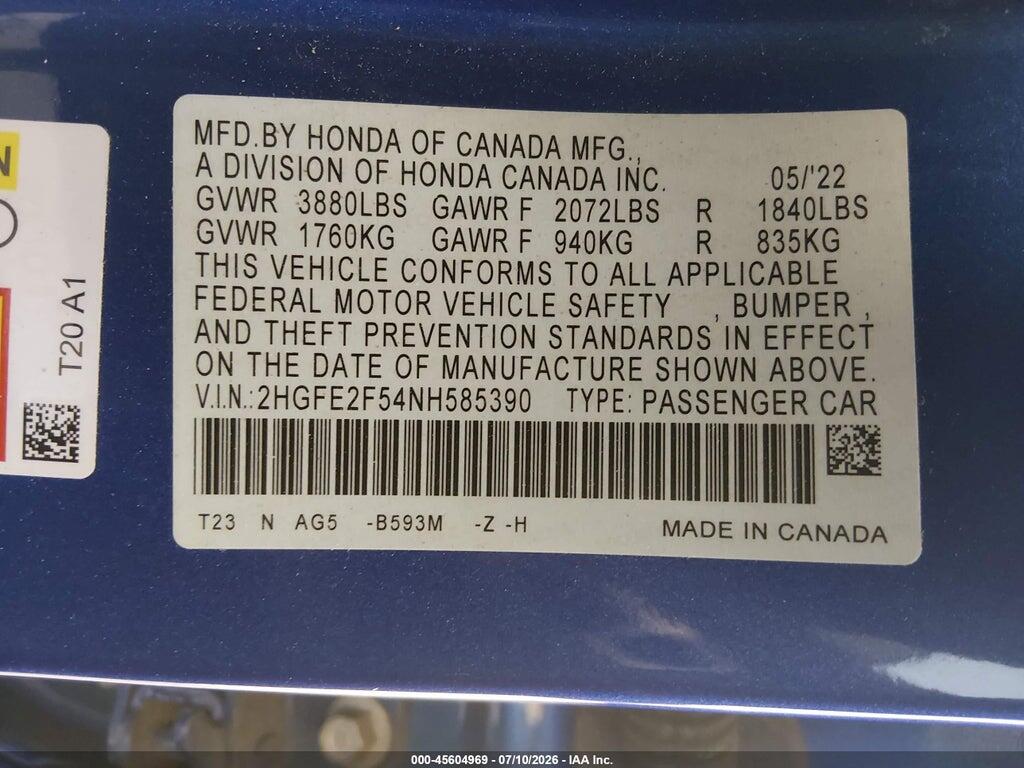 2HGFE2F54NH585390 2022 HONDA CIVIC photo no. 9