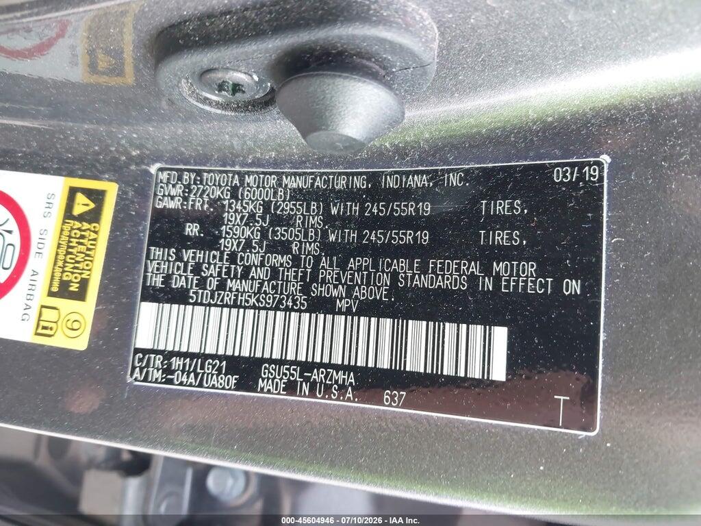 5TDJZRFH5KS973435 2019 TOYOTA HIGHLANDER photo no. 9