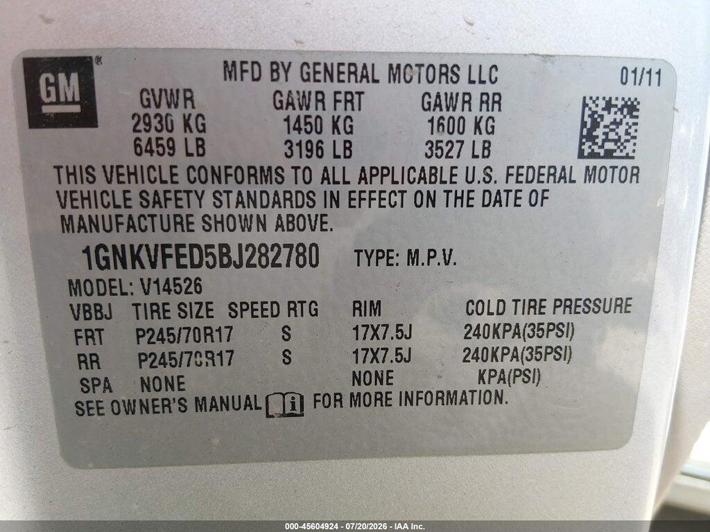 1GNKVFED5BJ282780 2011 CHEVROLET TRAVERSE photo no. 9