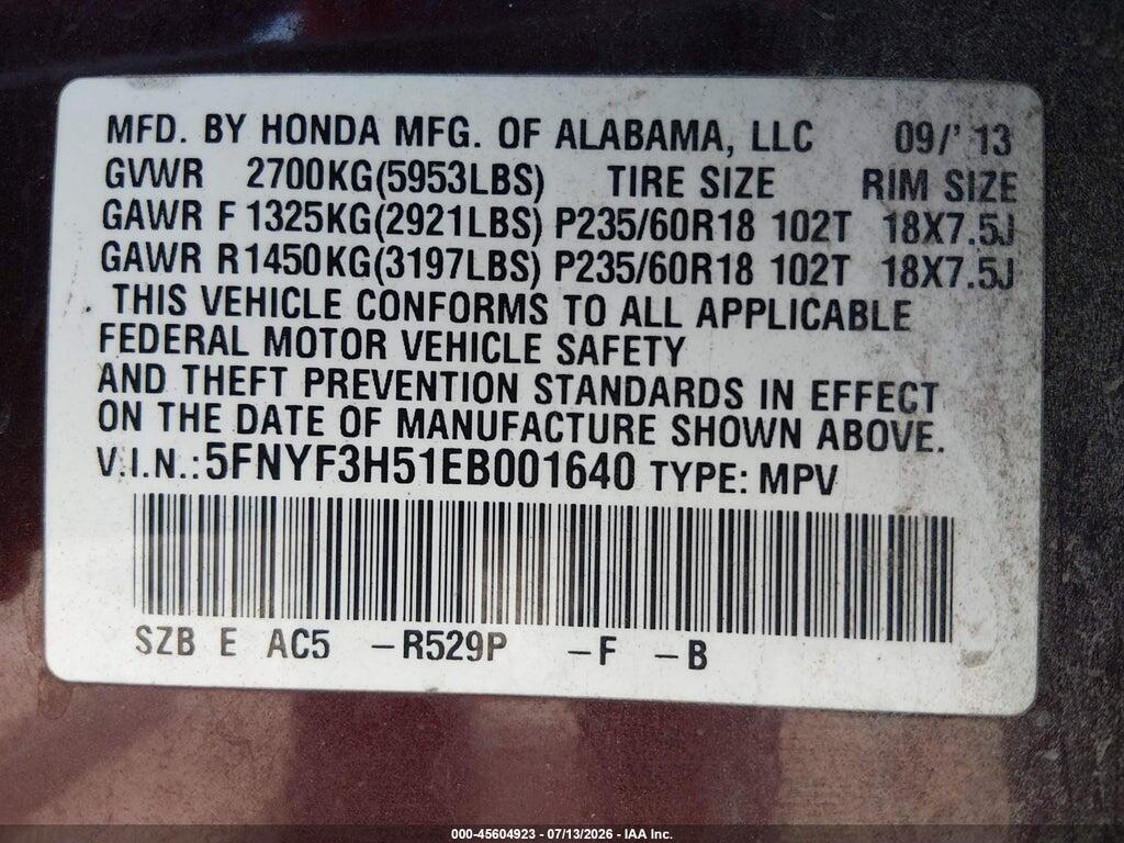 5FNYF3H51EB001640 2014 HONDA PILOT photo no. 9
