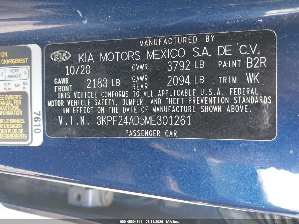 3KPF24AD5ME301261 2021 KIA FORTE photo no. 9