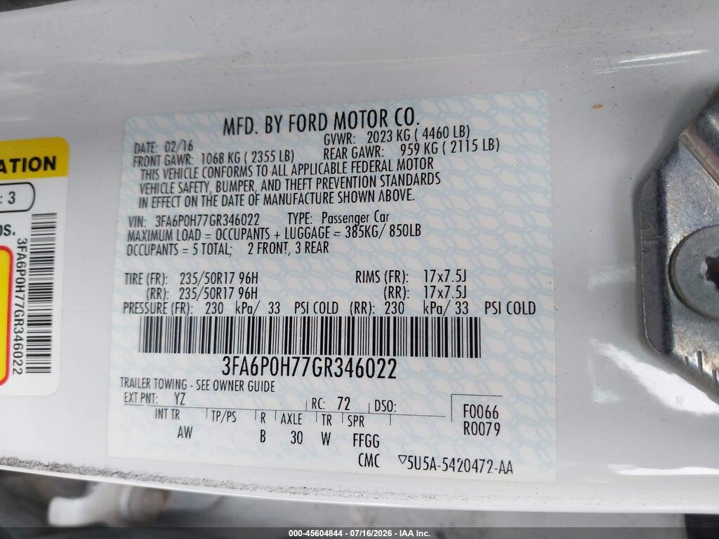 3FA6P0H77GR346022 2016 FORD FUSION photo no. 9
