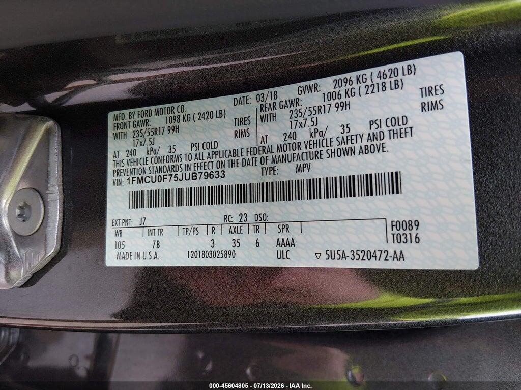 1FMCU0F75JUB79633 2018 FORD ESCAPE photo no. 9