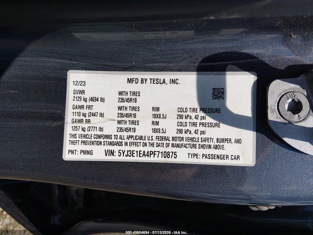 5YJ3E1EA4PF710875 2023 TESLA MODEL 3 photo no. 9