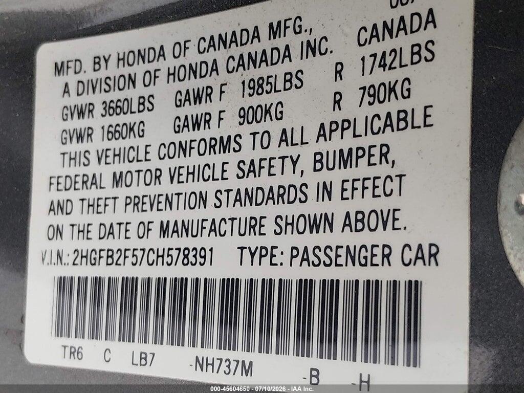 2HGFB2F57CH578391 2012 HONDA CIVIC photo no. 9