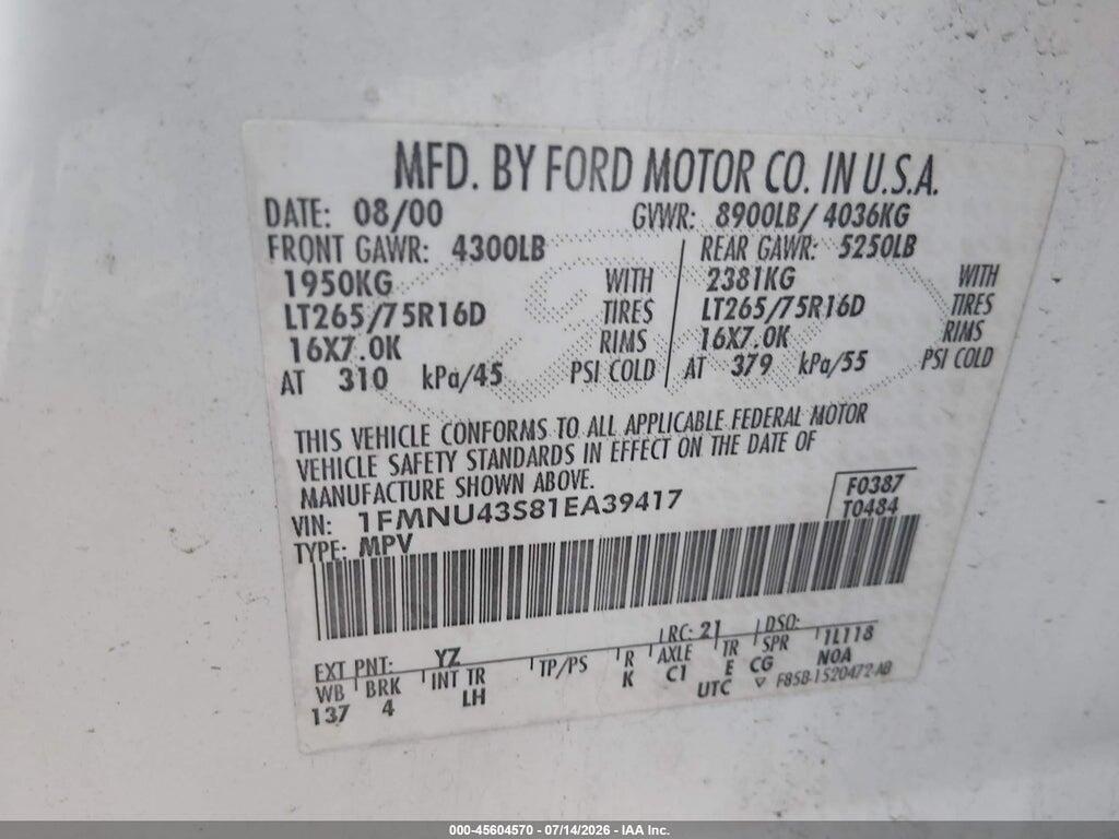 1FMNU43S81EA39417 2001 FORD EXCURSION photo no. 9