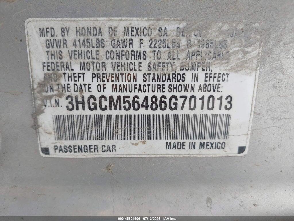 3HGCM56486G701013 2006 HONDA ACCORD photo no. 9