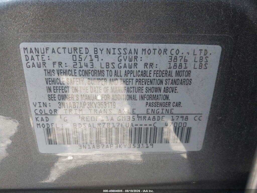 3N1AB7AP3KY353119 2019 NISSAN SENTRA photo no. 9