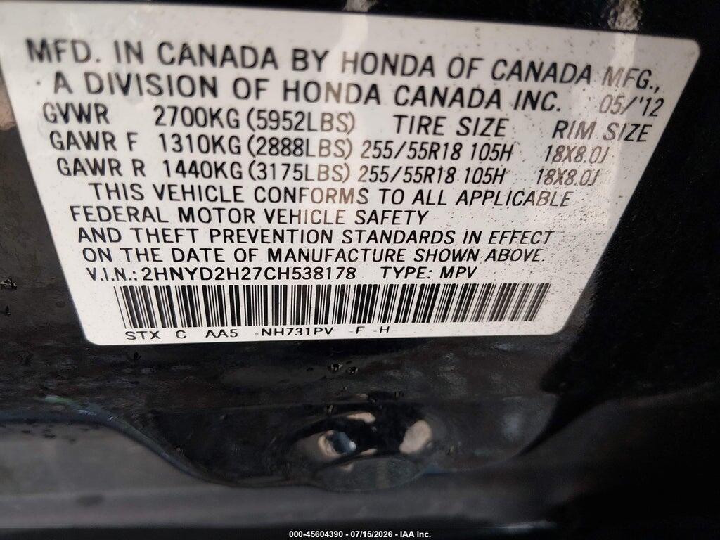 2HNYD2H27CH538178 2012 ACURA MDX photo no. 9