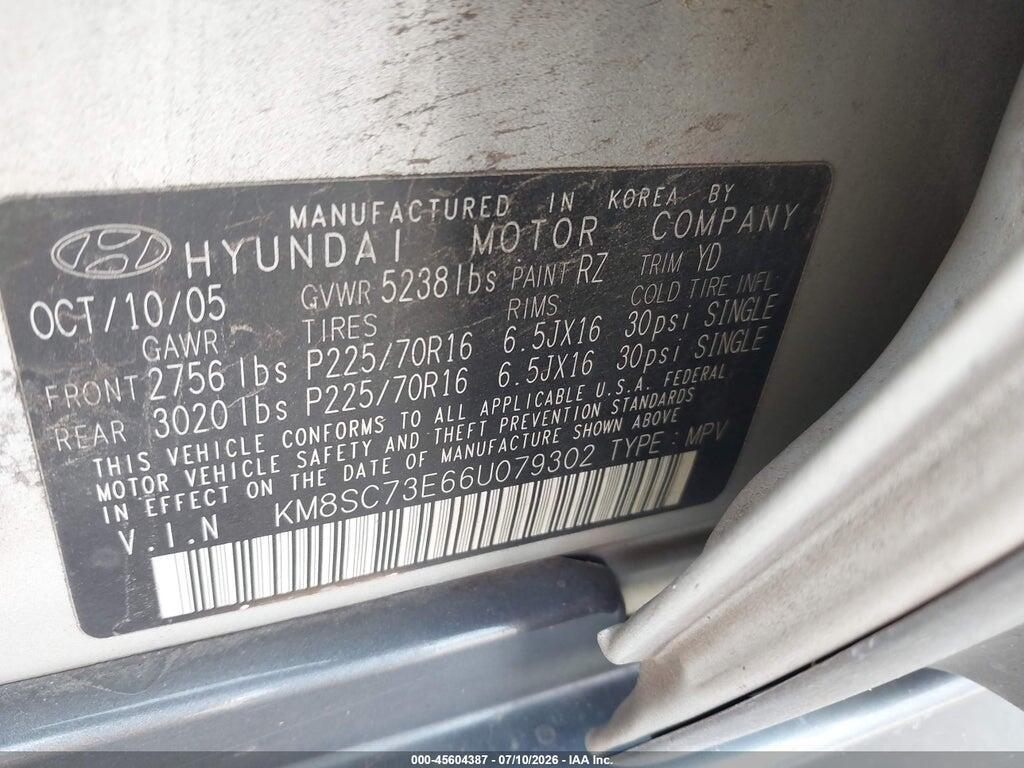 KM8SC73E66U079302 2006 HYUNDAI SANTA FE photo no. 9