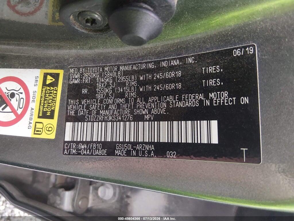 5TDZZRFH3KS341276 2019 TOYOTA HIGHLANDER photo no. 9