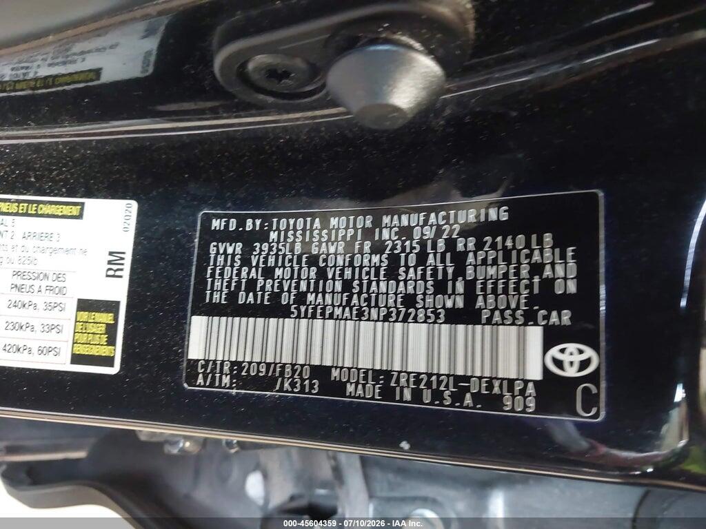 5YFEPMAE3NP372853 2022 TOYOTA COROLLA photo no. 9
