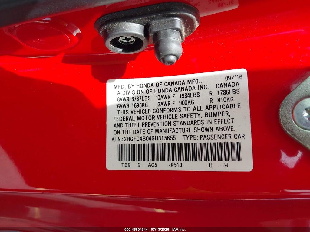 2HGFC4B04GH315655 2016 HONDA CIVIC photo no. 9