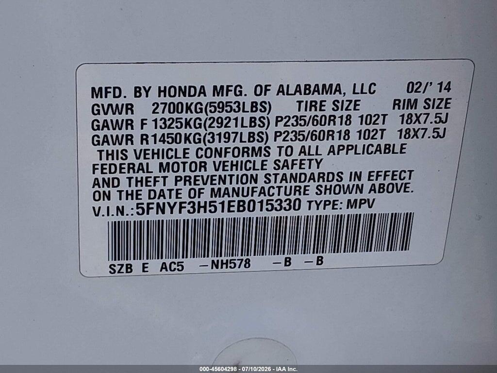 5FNYF3H51EB015330 2014 HONDA PILOT photo no. 9
