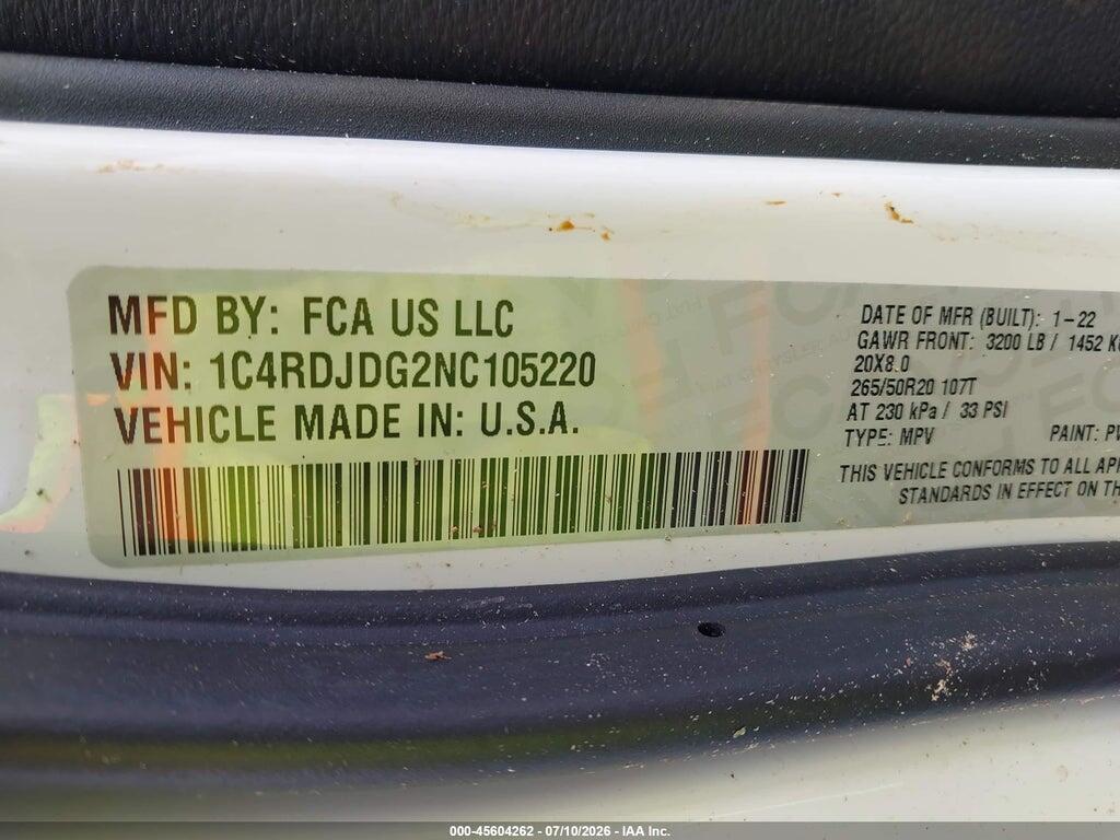 1C4RDJDG2NC105220 2022 DODGE DURANGO photo no. 9