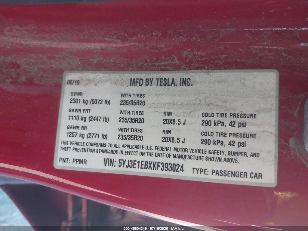 5YJ3E1EBXKF393024 2019 TESLA MODEL 3 photo no. 9