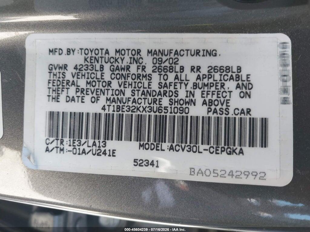 4T1BE32KX3U651090 2003 TOYOTA CAMRY photo no. 9